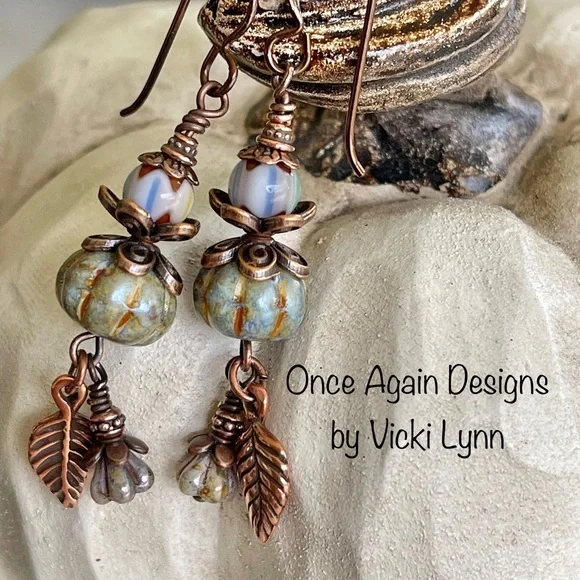 Hand Crafted “Pumpkin Blues” Dangle Earrings - Picture 3 of 9